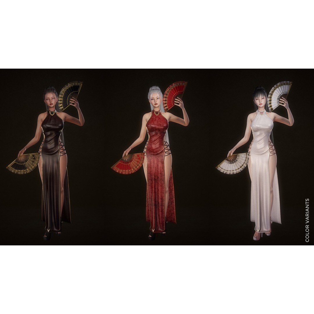 Lady With Fans 3D Model – Low Poly Rigged Character for Unity & UE5 - View 6
