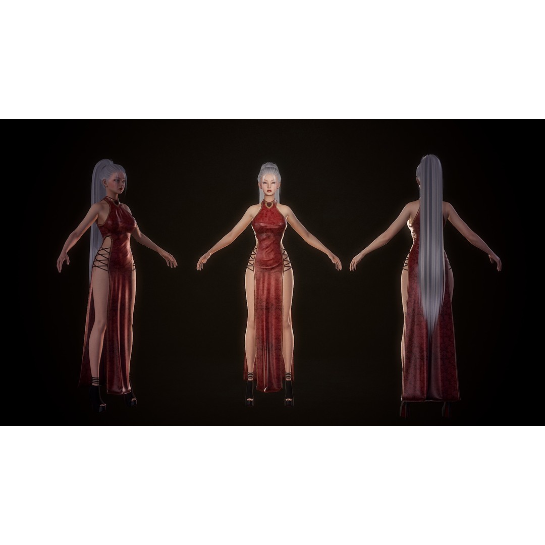 Lady With Fans 3D Model – Low Poly Rigged Character for Unity & UE5 - View 7