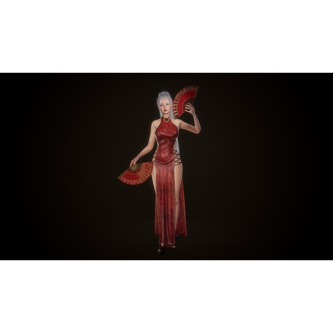Lady With Fans 3D Model – Low Poly Rigged Character for Unity & UE5 - View 9
