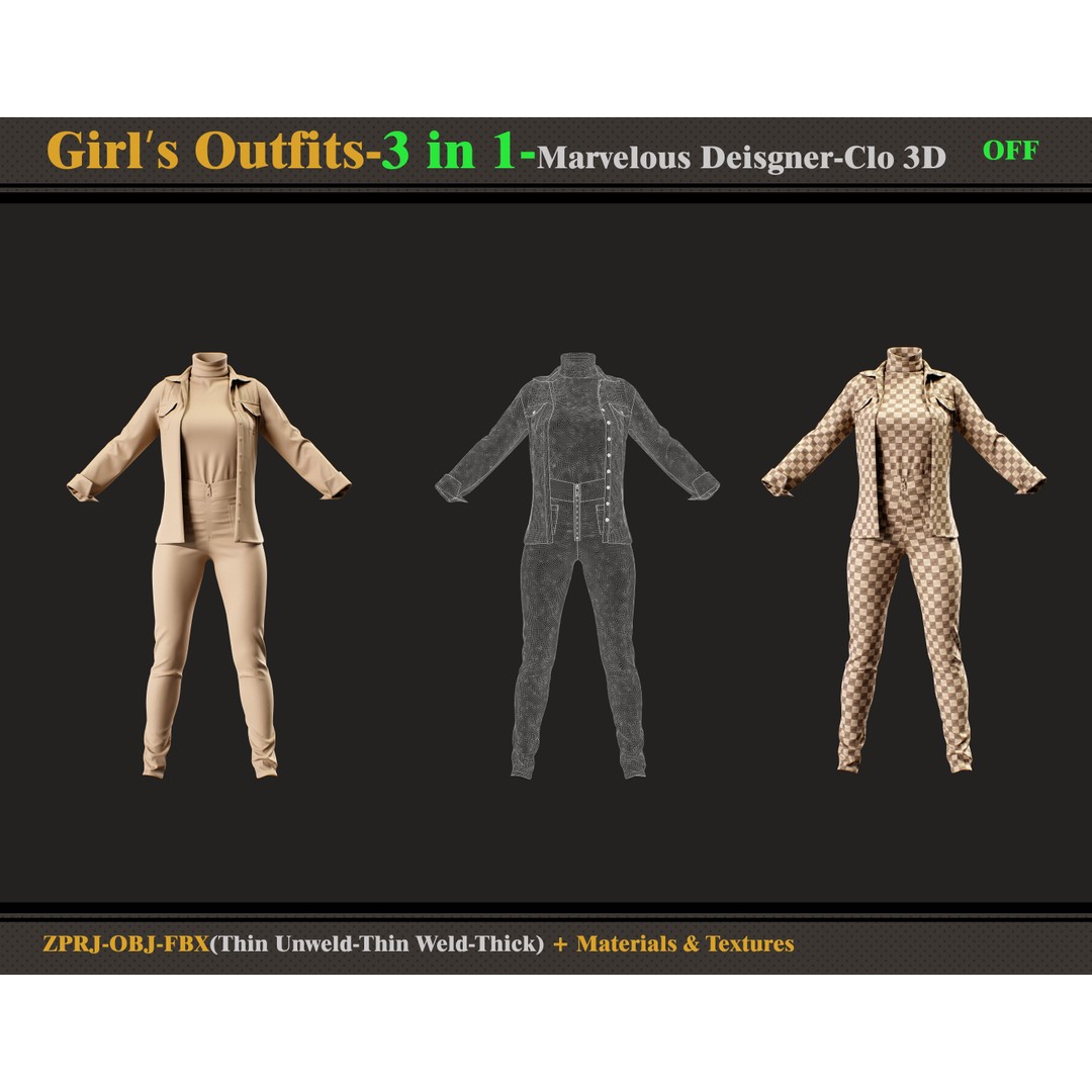 3 in 1 Girls Outfits 3D Model – Fashion Clothing Set, FBX, OBJ