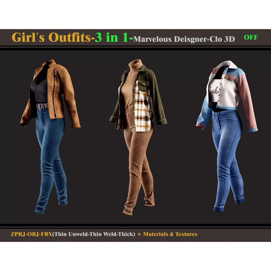 3 in 1 Girls Outfits 3D Model – Fashion Clothing Set, FBX, OBJ - View 2