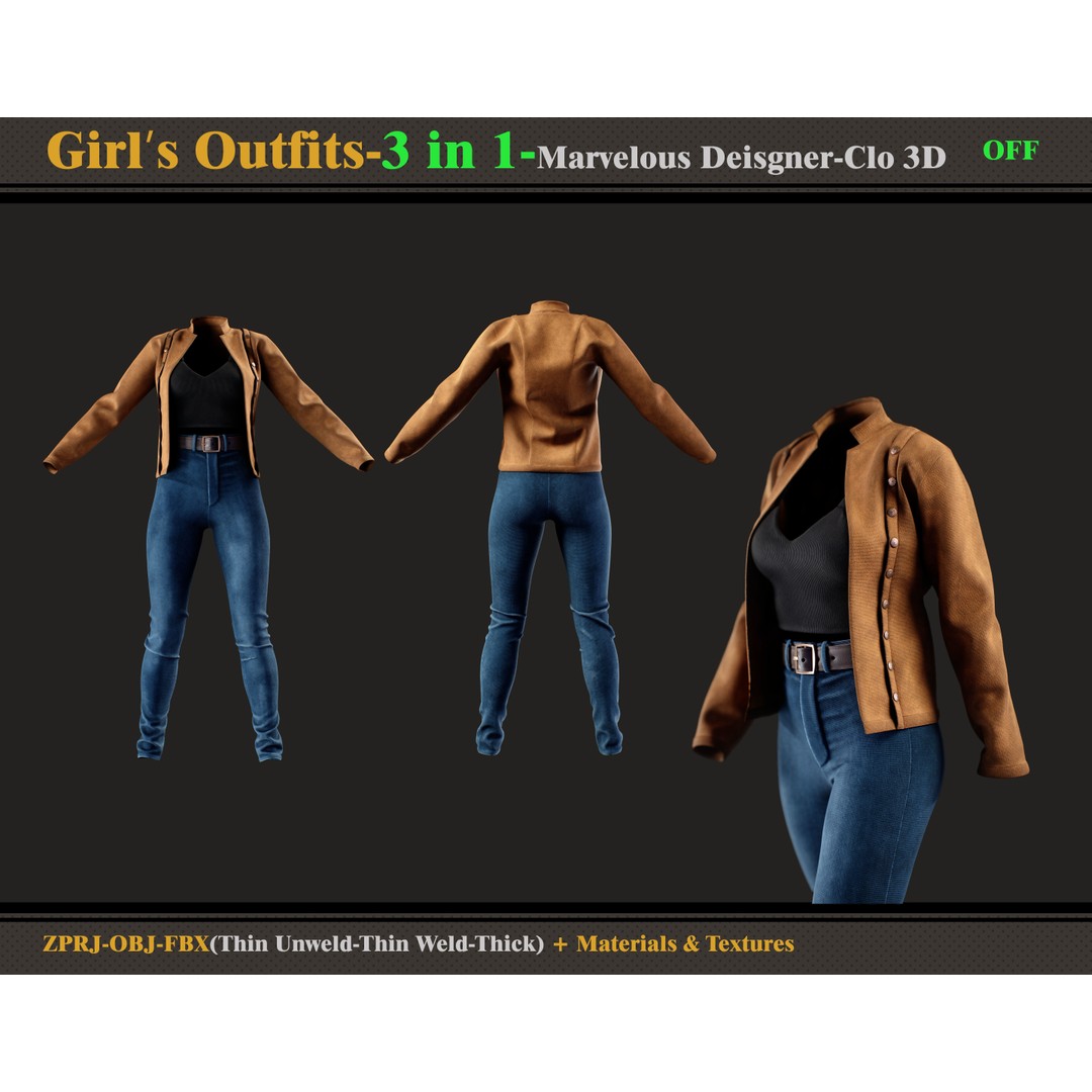 3 in 1 Girls Outfits 3D Model – Fashion Clothing Set, FBX, OBJ - View 3