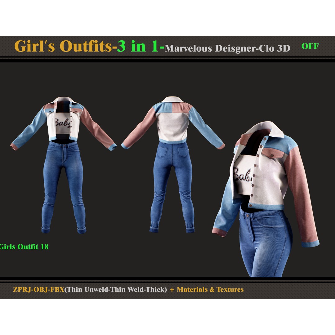 3 in 1 Girls Outfits 3D Model – Fashion Clothing Set, FBX, OBJ - View 4
