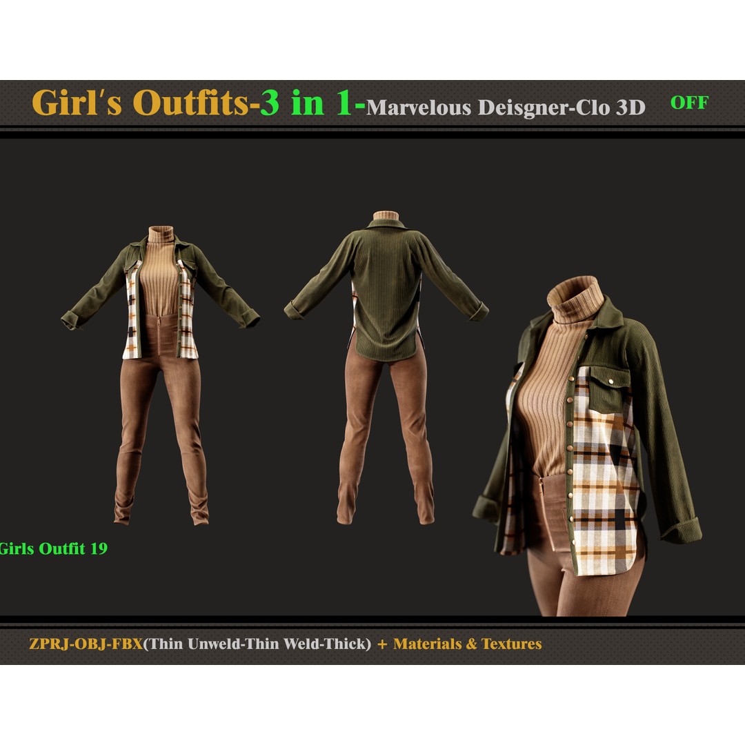3 in 1 Girls Outfits 3D Model – Fashion Clothing Set, FBX, OBJ - View 5