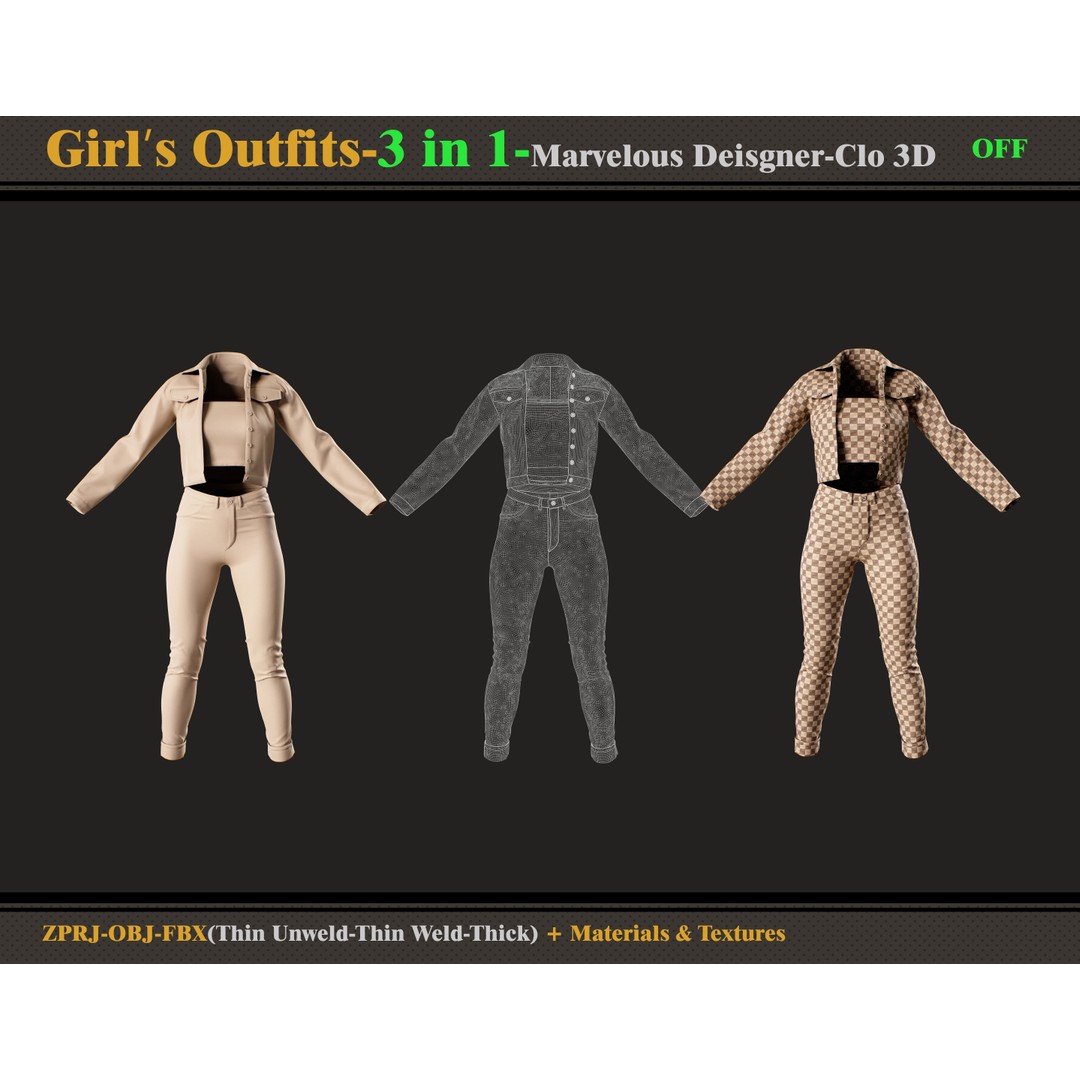 3 in 1 Girls Outfits 3D Model – Fashion Clothing Set, FBX, OBJ - View 7