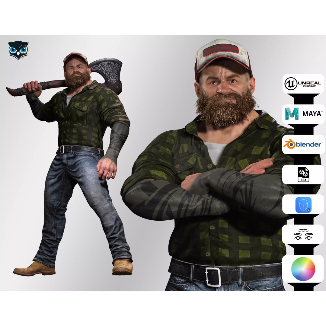 Realistic Bearded Lumberjack 3D Model – Low Poly Rigged Character, FBX - View 2