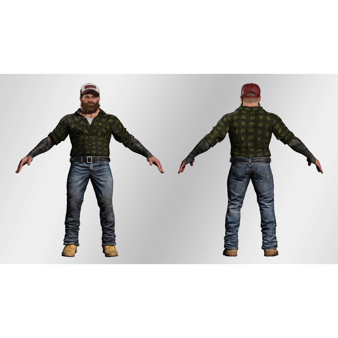 Realistic Bearded Lumberjack 3D Model – Low Poly Rigged Character, FBX - View 4