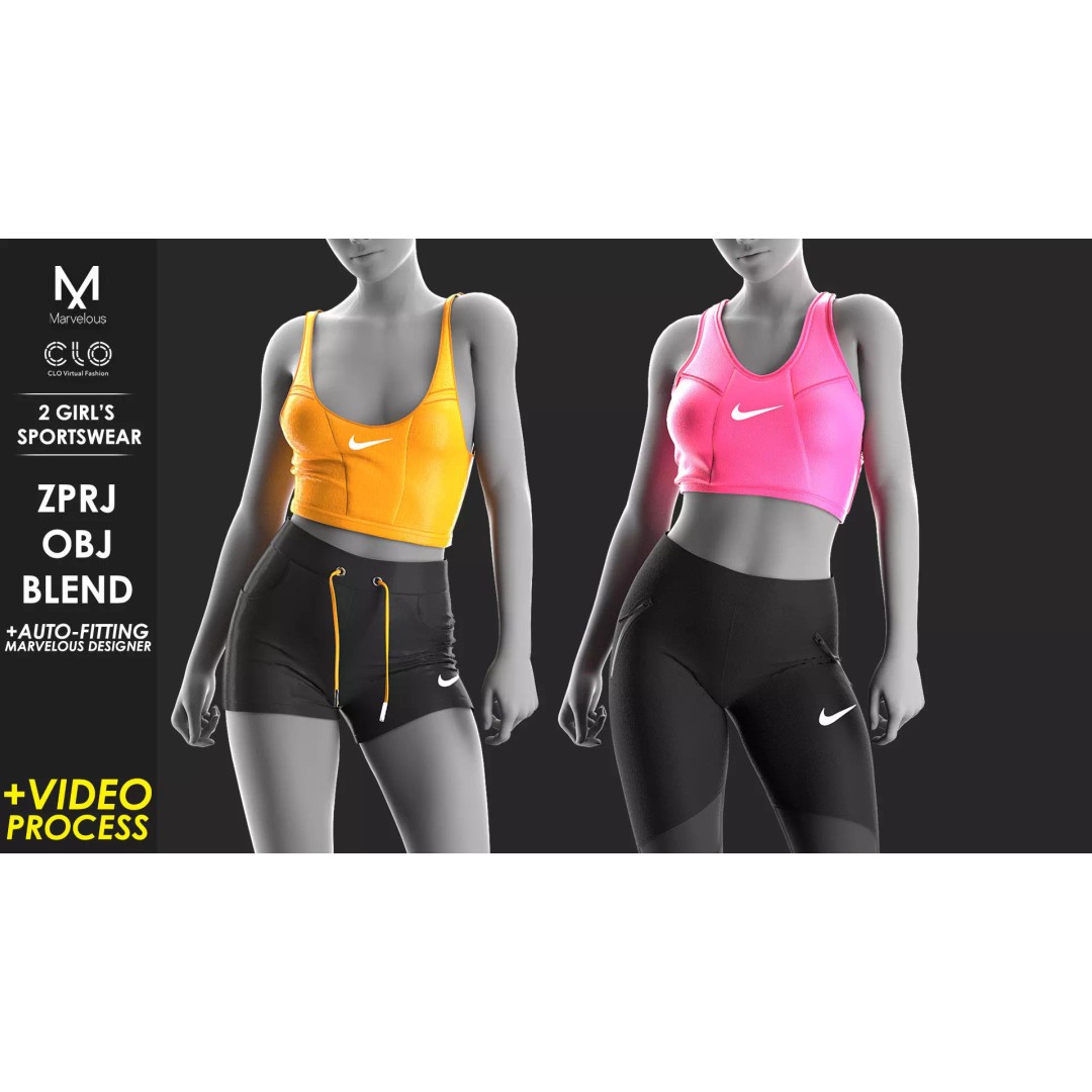 2 Girls Sportwear 3D Model – Marvelous Designer Project, PBR Textures - View 2