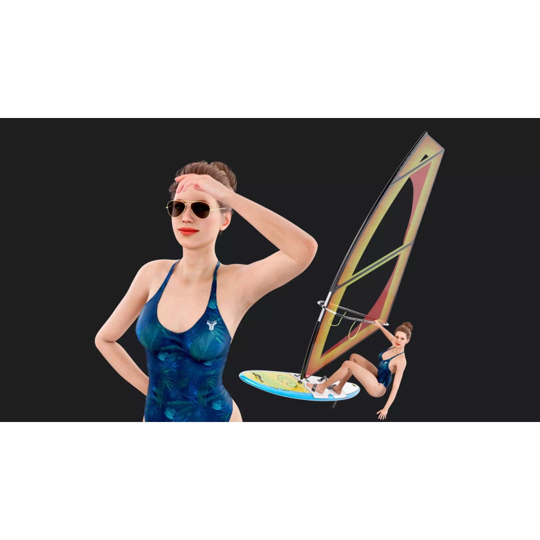 Female Windsurf 3D Model – Low Poly Rigged Character, FBX, OBJ - View 2