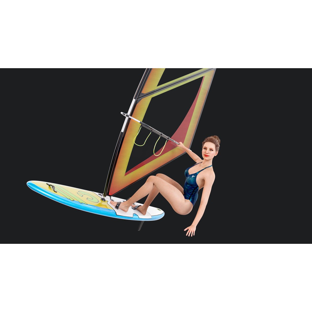 Female Windsurf 3D Model – Low Poly Rigged Character, FBX, OBJ - View 3