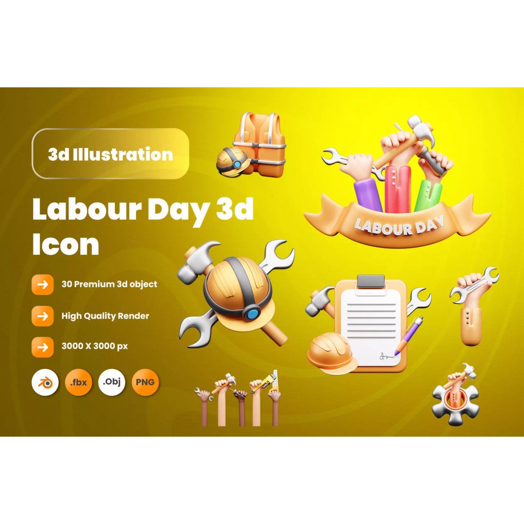 Labour Day 3D Model – Icon Pack for Design and Advertising, Blender, FBX, OBJ - View 2
