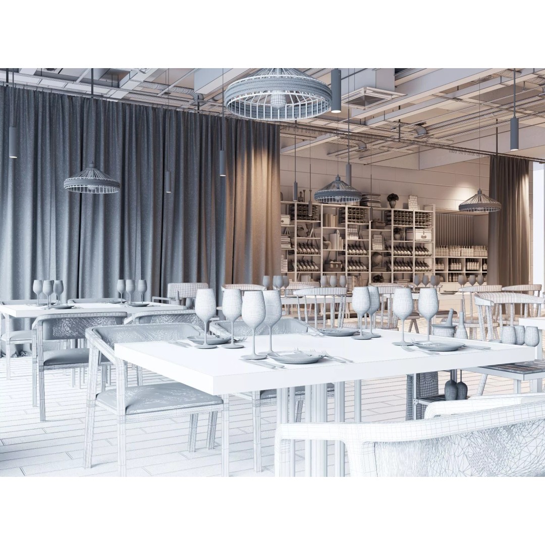 Industrial Loft Restaurant 3D Model – Modern Dining Interior, FBX, OBJ