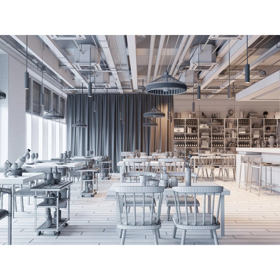 Industrial Loft Restaurant 3D Model – Modern Dining Interior, FBX, OBJ - View 16