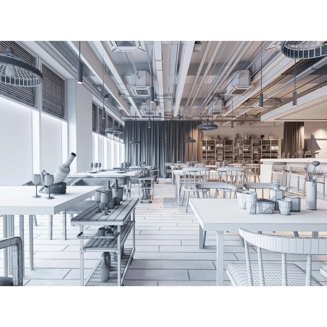 Industrial Loft Restaurant 3D Model – Modern Dining Interior, FBX, OBJ - View 19