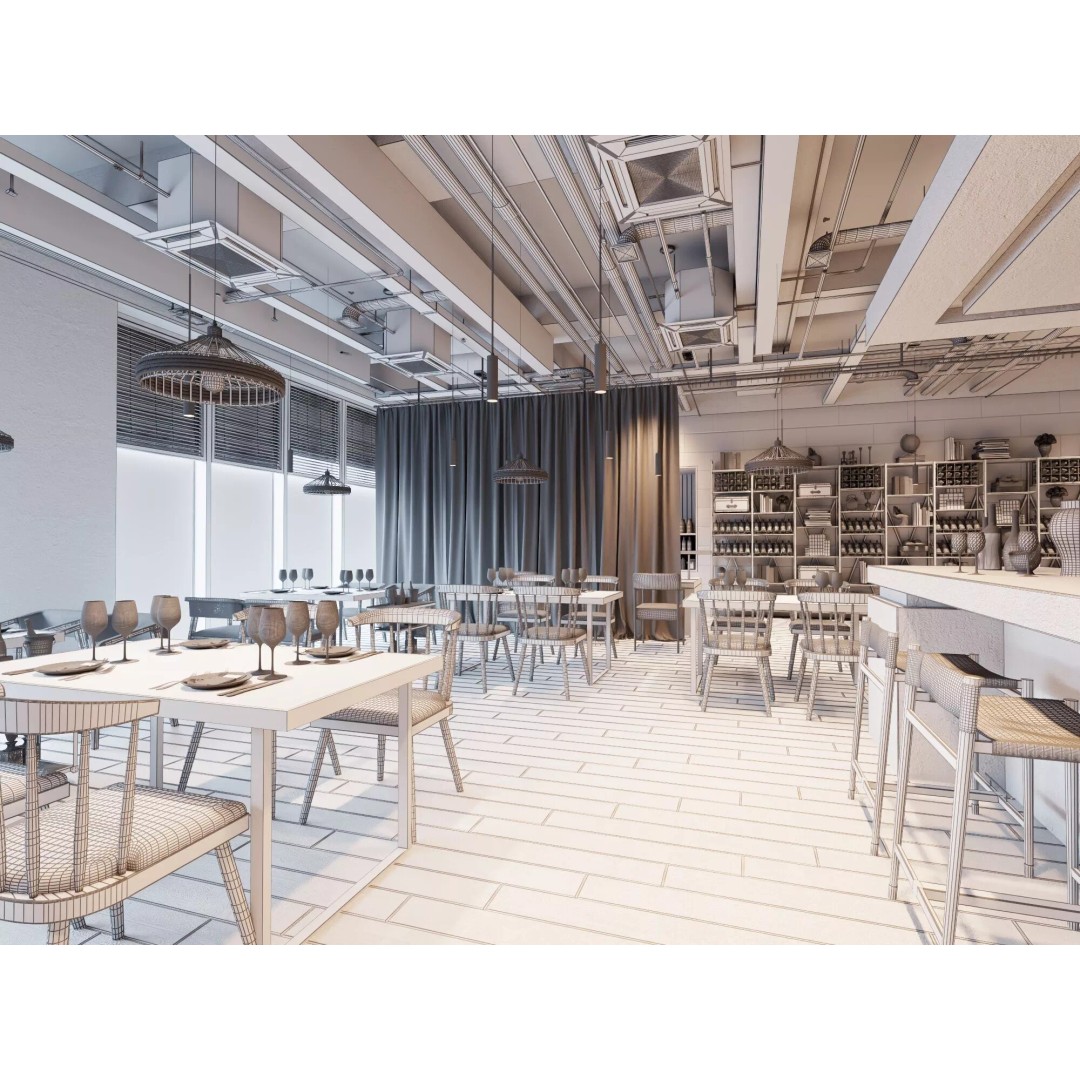 Industrial Loft Restaurant 3D Model – Modern Dining Interior, FBX, OBJ - View 23
