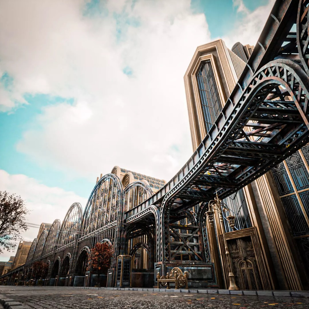 Train Bridge 3D Model – Art Deco Steampunk Low Poly, FBX - View 2
