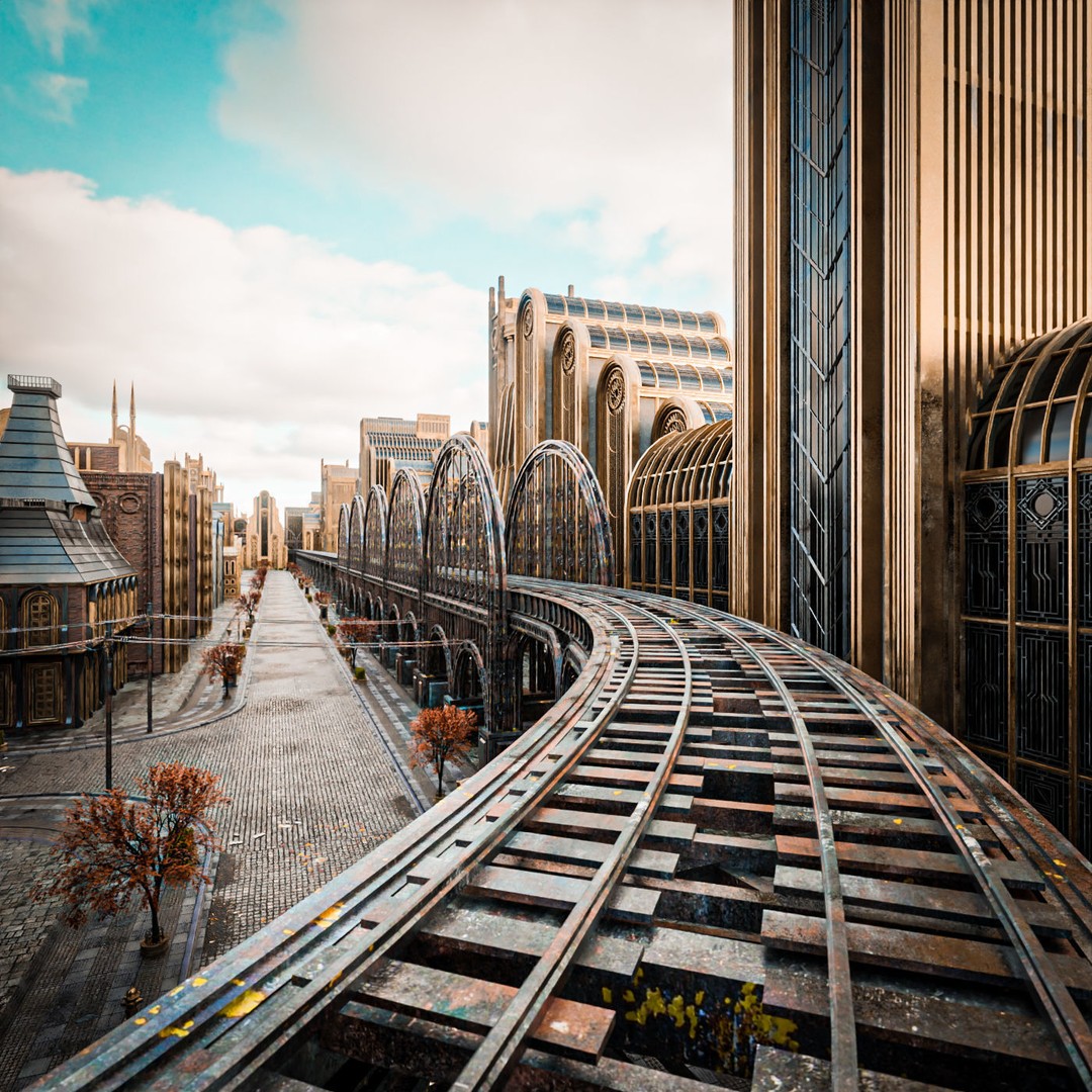 Train Bridge 3D Model – Art Deco Steampunk Low Poly, FBX - View 4