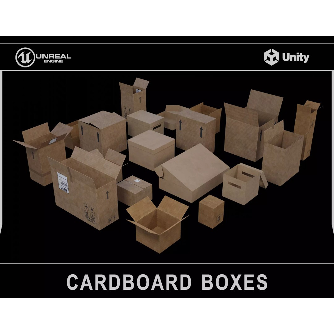 Cardboard Boxes 3D Model – Low Poly Game Asset, PBR Textures, FBX - View 2