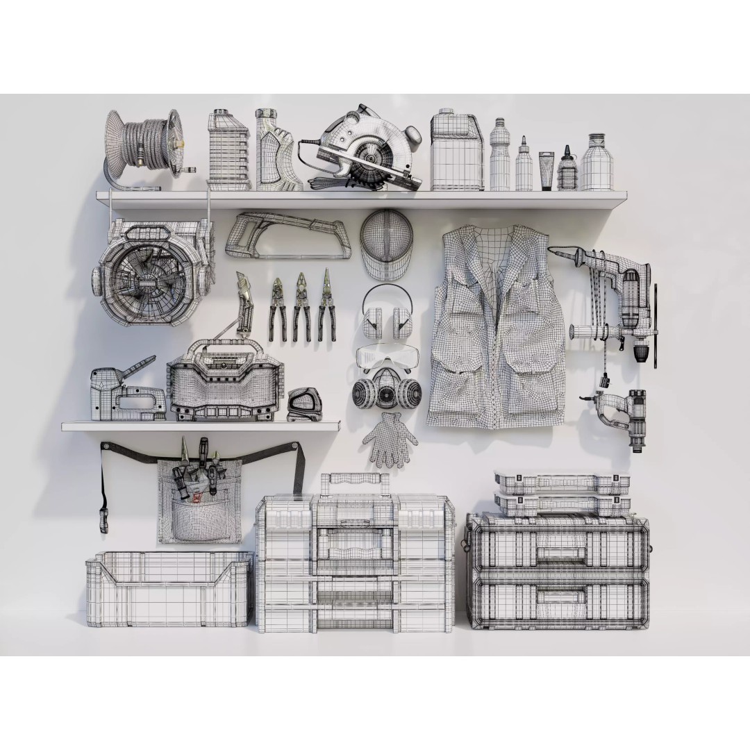 Complete Workshop Garage Tool Wall Organizer 3D Model – High Poly, PBR, FBX - View 14