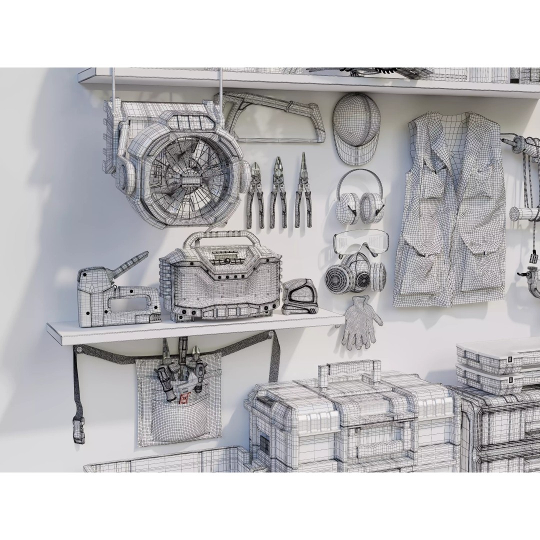 Complete Workshop Garage Tool Wall Organizer 3D Model – High Poly, PBR, FBX - View 9