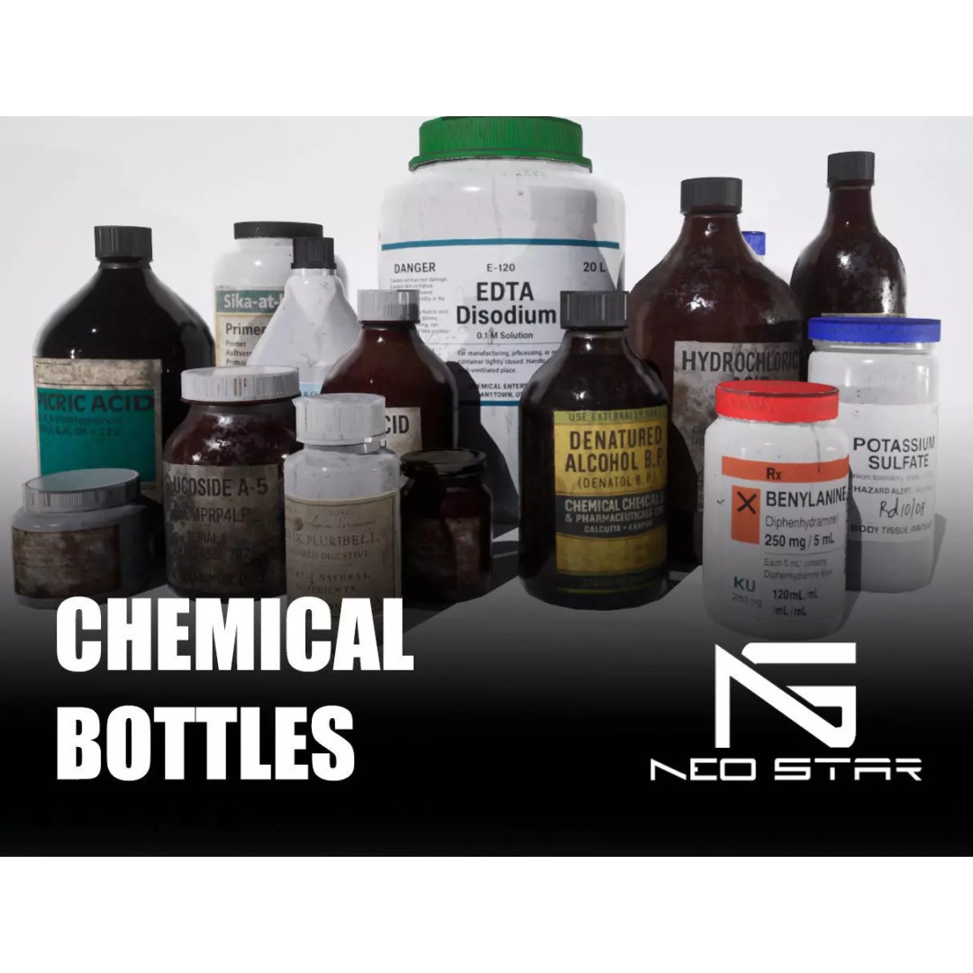Chemical Bottles 3D Model – Low Poly Game-Ready Asset, FBX & OBJ - View 2