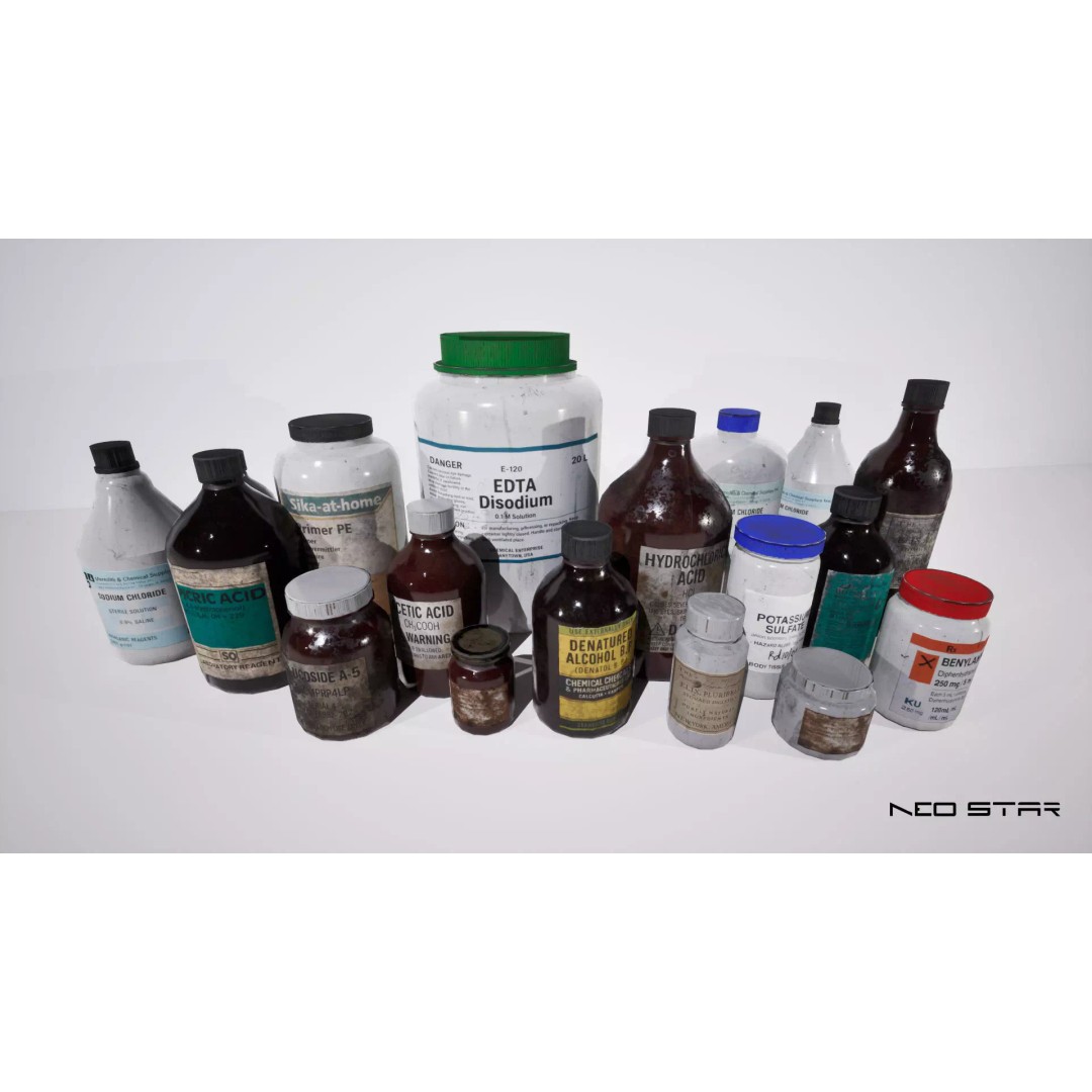 Chemical Bottles 3D Model – Low Poly Game-Ready Asset, FBX & OBJ - View 3