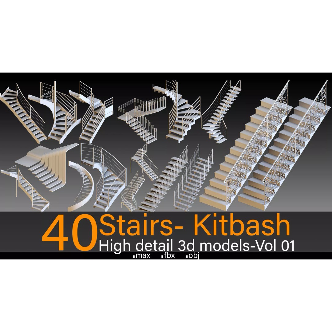40 Stairs 3D Model – High Detail Kitbash Asset, FBX, OBJ, Max - View 2