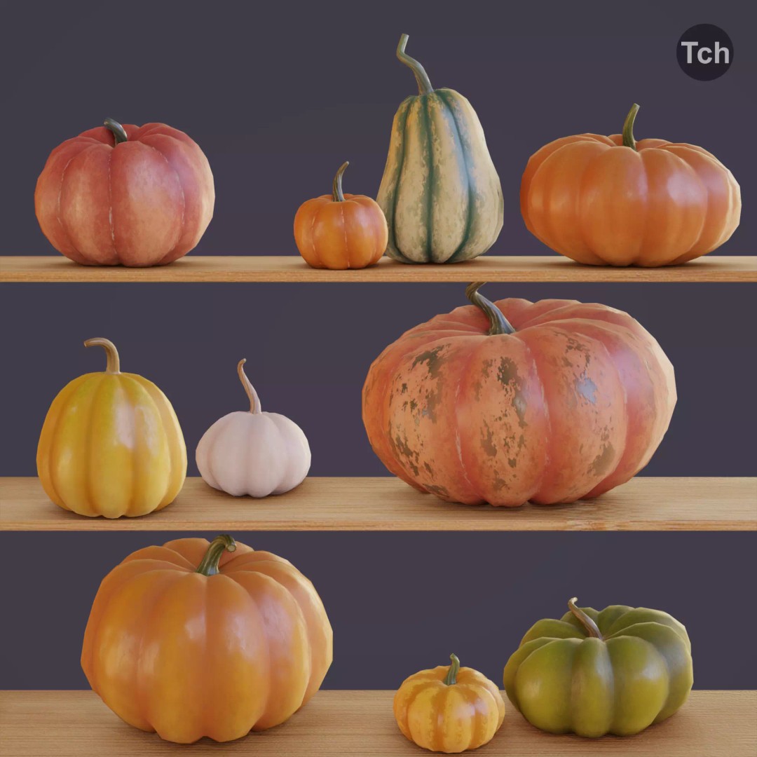 Autumn Pumpkins 3D Model – Low Poly Decorative Asset, FBX, OBJ - View 2