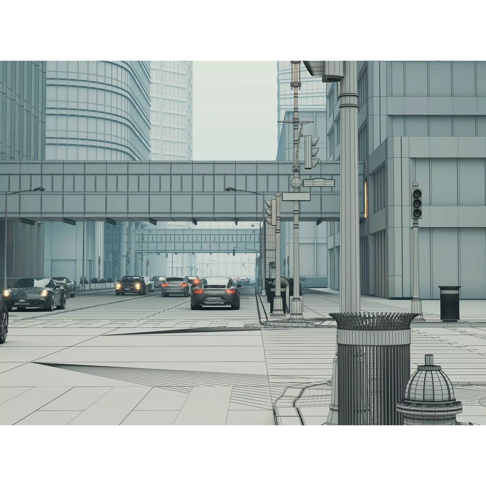 Modern City Streetscape - Low-Poly Game-Ready 3D Model - View 22