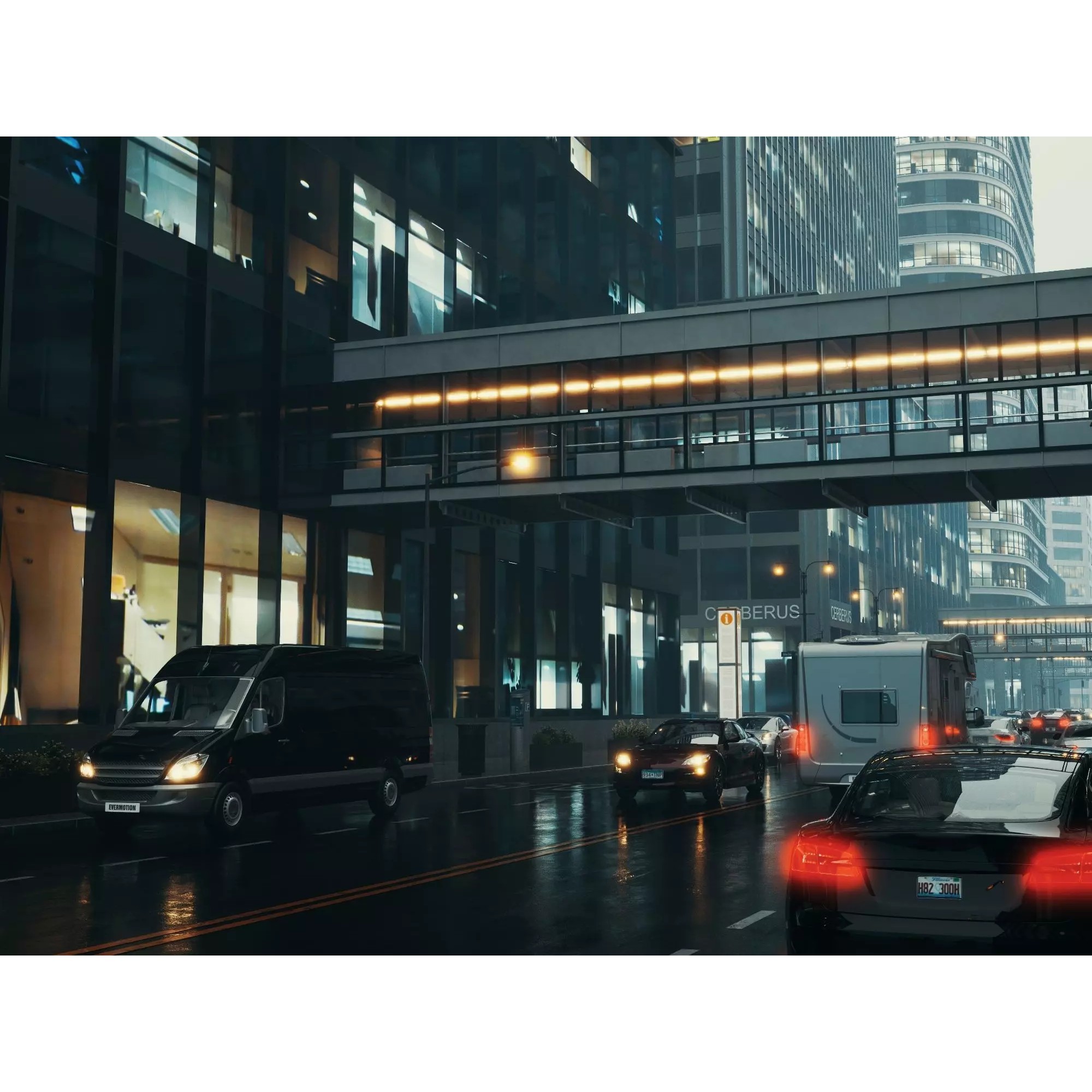 Modern City Streetscape - Low-Poly Game-Ready 3D Model - View 3