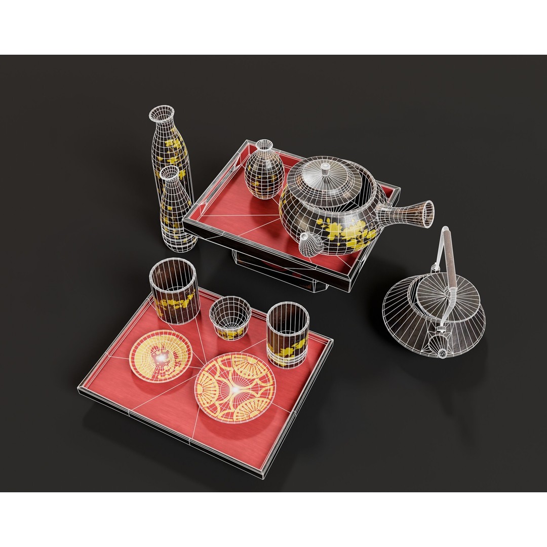 Asian Tea and Sake Set 3D Model – Low Poly PBR Game Asset, FBX, OBJ
