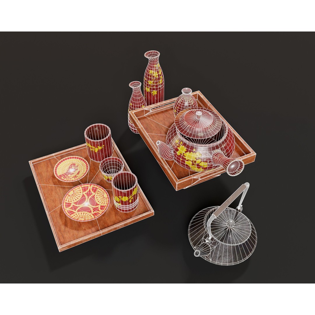 Asian Tea and Sake Set 3D Model – Low Poly PBR Game Asset, FBX, OBJ - View 10