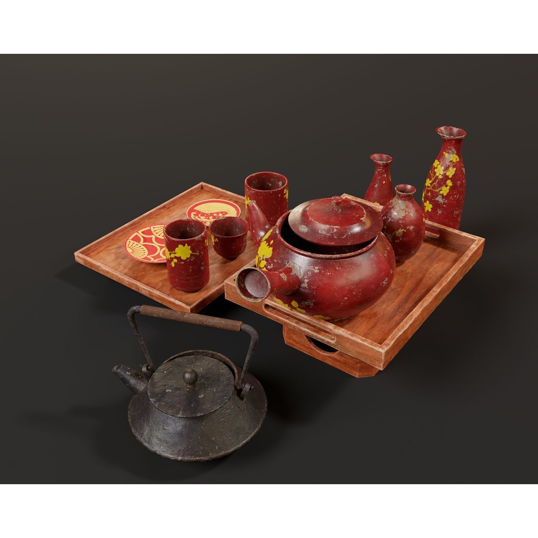 Asian Tea and Sake Set 3D Model – Low Poly PBR Game Asset, FBX, OBJ - View 11