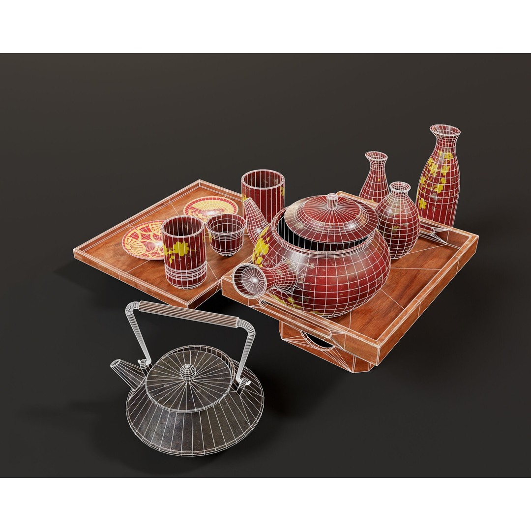 Asian Tea and Sake Set 3D Model – Low Poly PBR Game Asset, FBX, OBJ - View 12