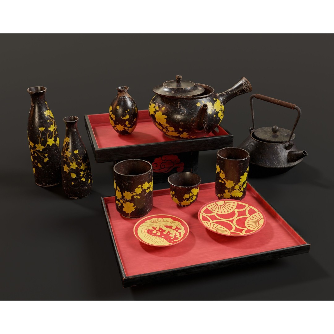 Asian Tea and Sake Set 3D Model – Low Poly PBR Game Asset, FBX, OBJ - View 13
