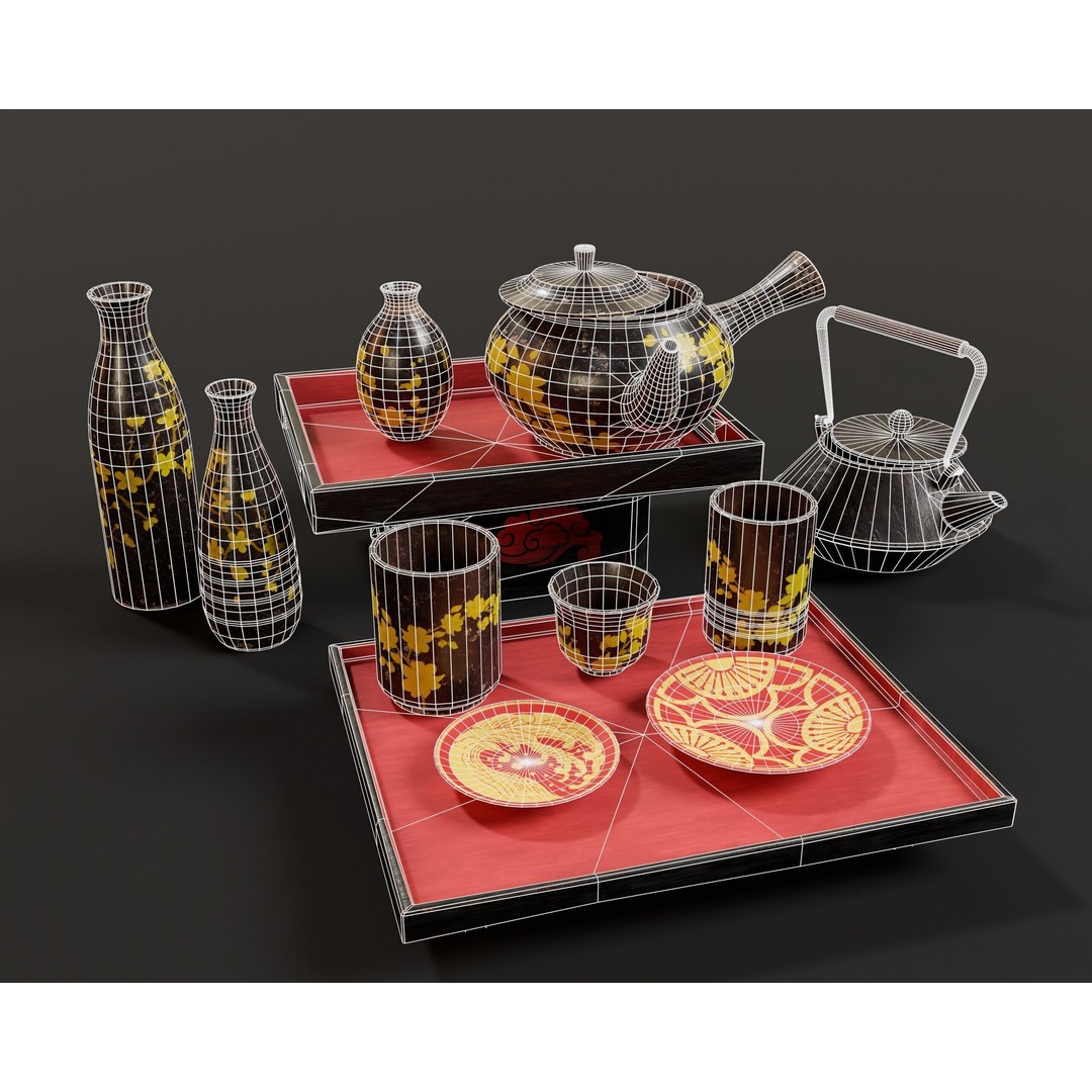 Asian Tea and Sake Set 3D Model – Low Poly PBR Game Asset, FBX, OBJ - View 14