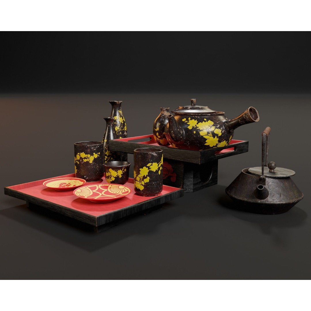 Asian Tea and Sake Set 3D Model – Low Poly PBR Game Asset, FBX, OBJ - View 15