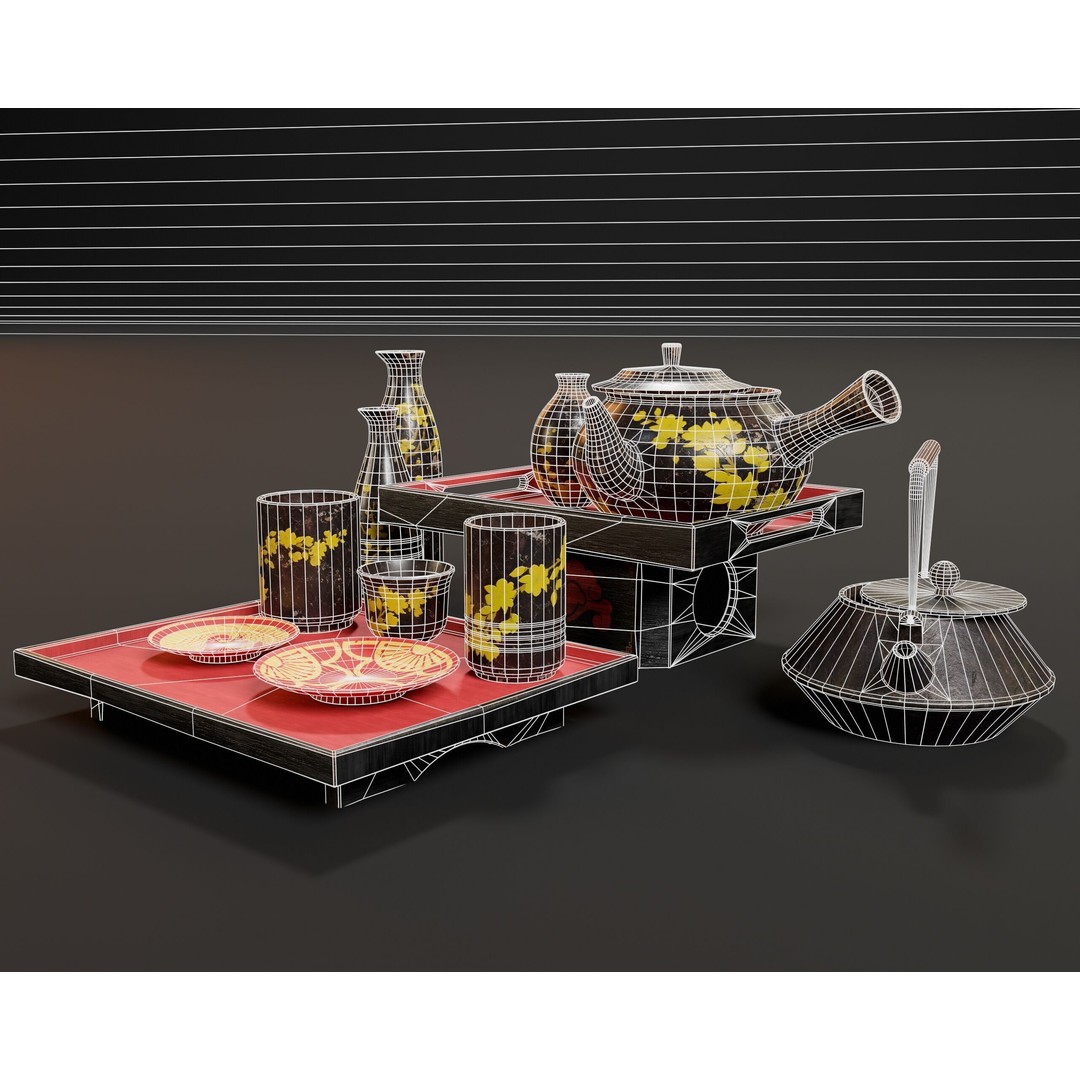Asian Tea and Sake Set 3D Model – Low Poly PBR Game Asset, FBX, OBJ - View 16