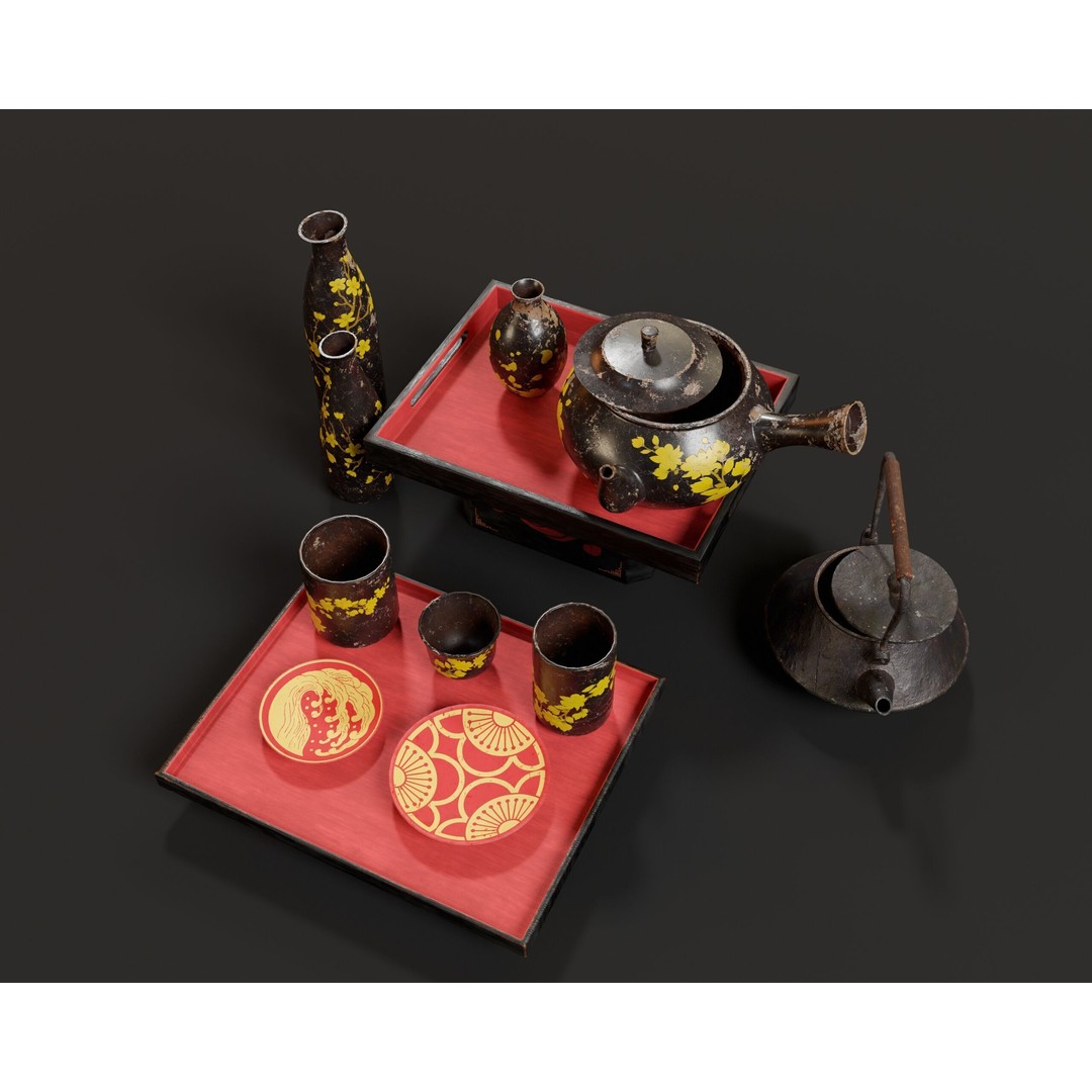 Asian Tea and Sake Set 3D Model – Low Poly PBR Game Asset, FBX, OBJ - View 17
