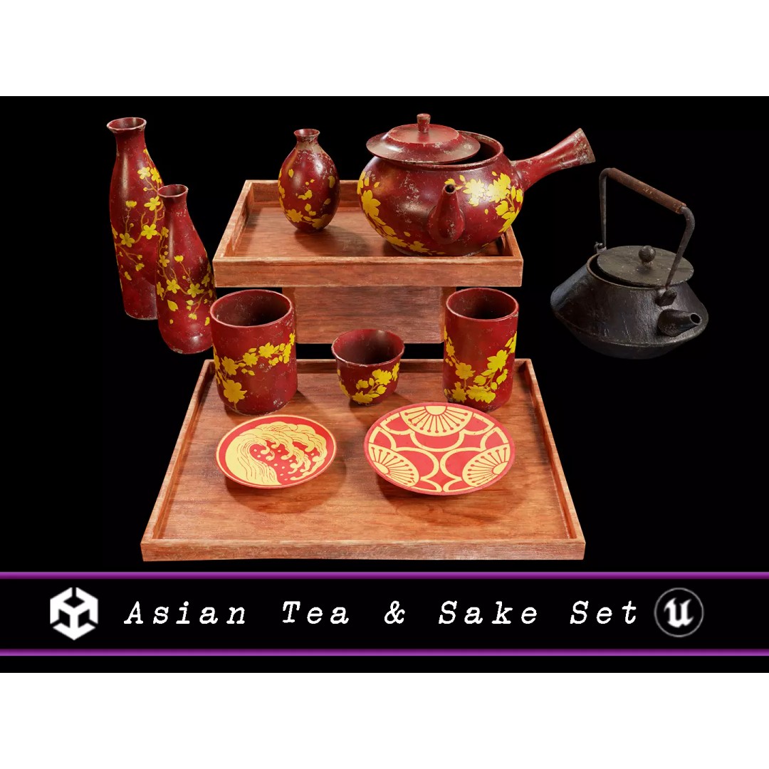 Asian Tea and Sake Set 3D Model – Low Poly PBR Game Asset, FBX, OBJ - View 2