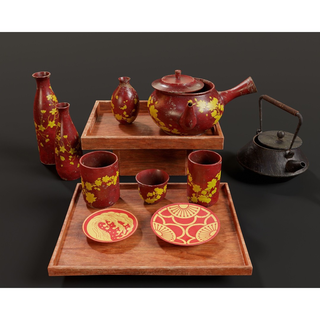 Asian Tea and Sake Set 3D Model – Low Poly PBR Game Asset, FBX, OBJ - View 3