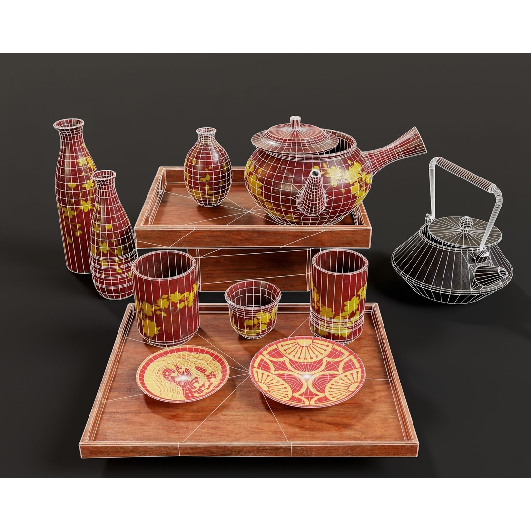 Asian Tea and Sake Set 3D Model – Low Poly PBR Game Asset, FBX, OBJ - View 4