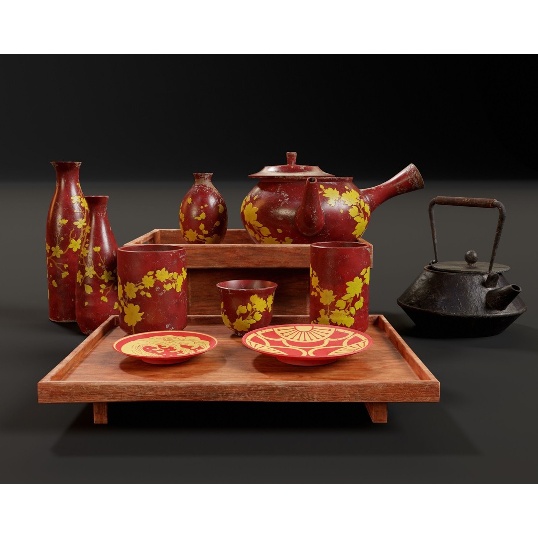 Asian Tea and Sake Set 3D Model – Low Poly PBR Game Asset, FBX, OBJ - View 5