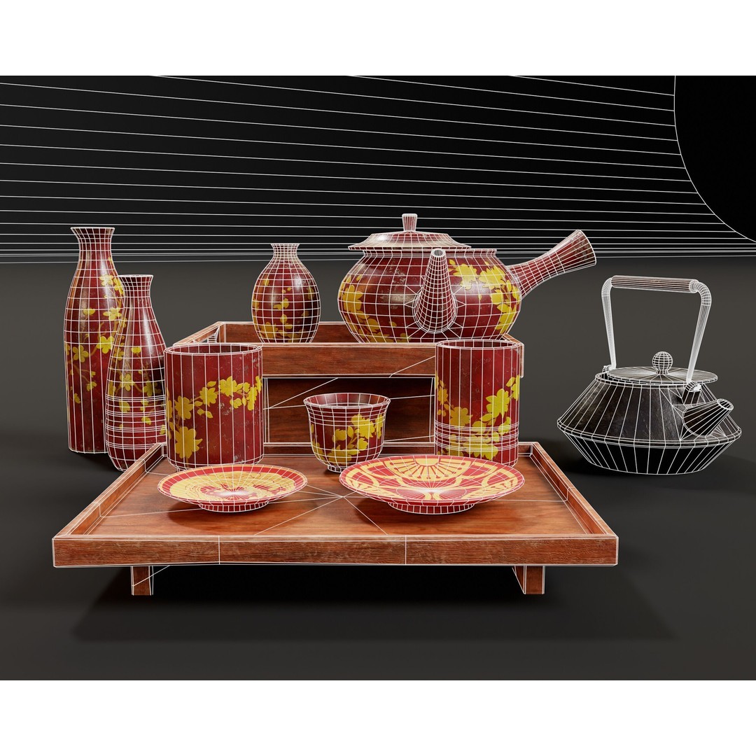 Asian Tea and Sake Set 3D Model – Low Poly PBR Game Asset, FBX, OBJ - View 6