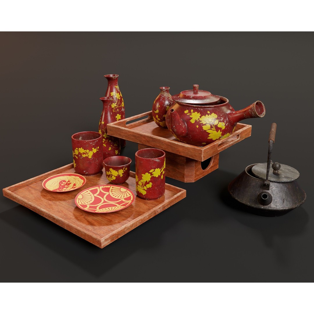 Asian Tea and Sake Set 3D Model – Low Poly PBR Game Asset, FBX, OBJ - View 7