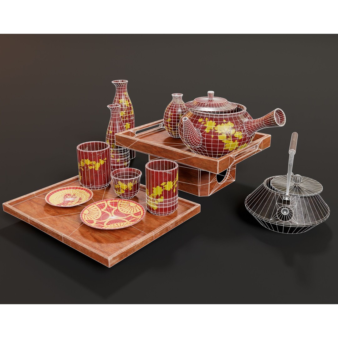 Asian Tea and Sake Set 3D Model – Low Poly PBR Game Asset, FBX, OBJ - View 8