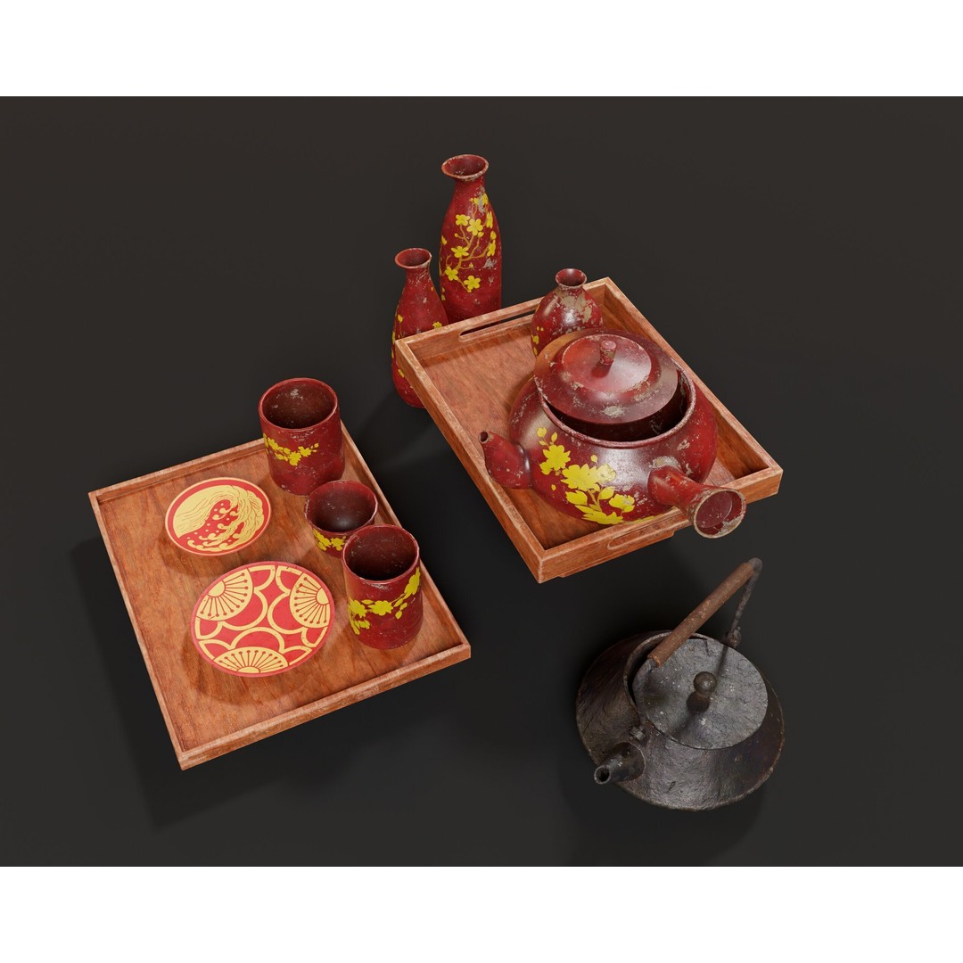 Asian Tea and Sake Set 3D Model – Low Poly PBR Game Asset, FBX, OBJ - View 9
