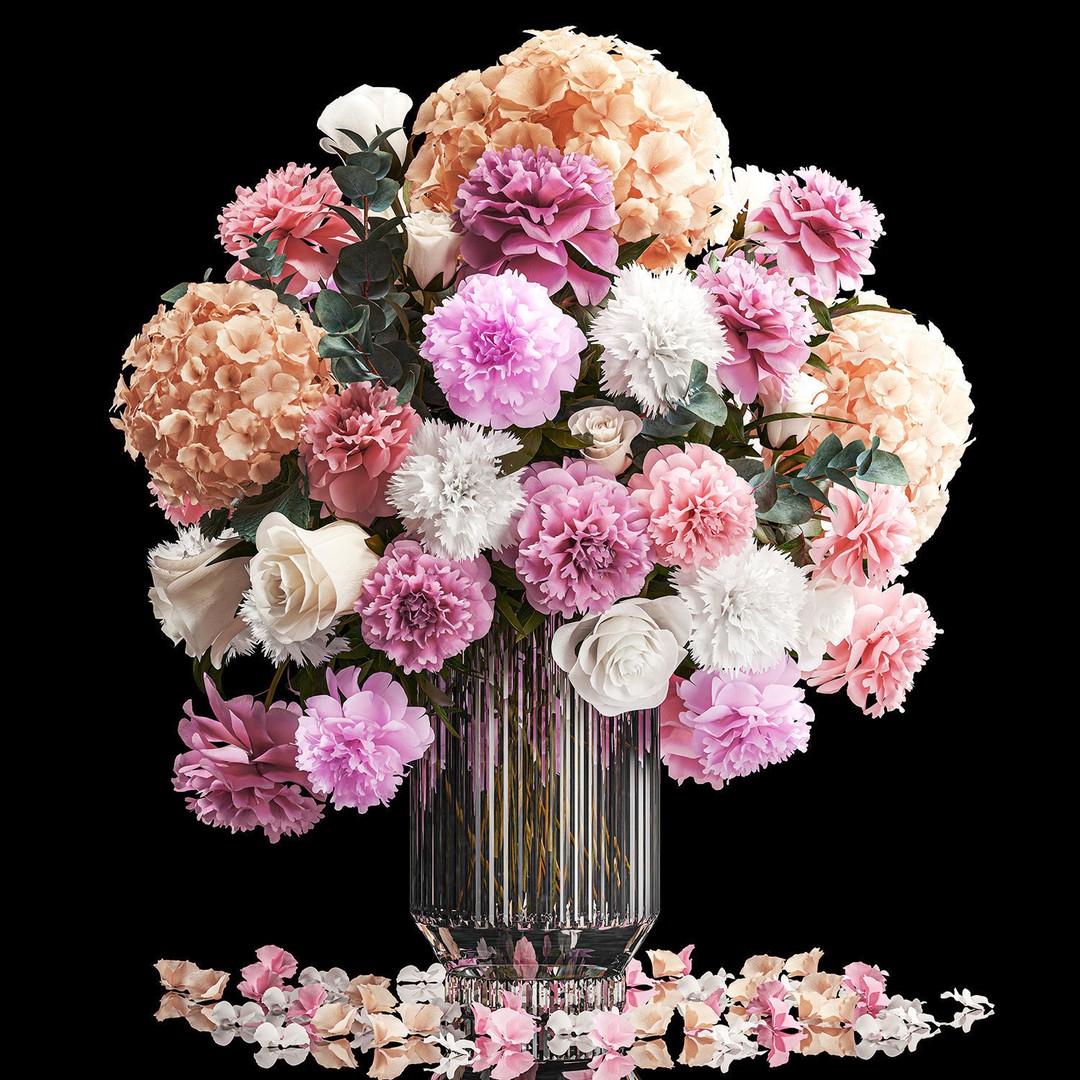 Beautiful Bouquet 3D Model – Modern Glass Vase with Roses and Peonies - View 10