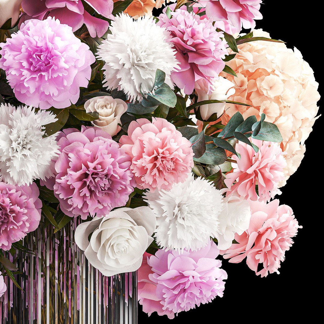 Beautiful Bouquet 3D Model – Modern Glass Vase with Roses and Peonies - View 12