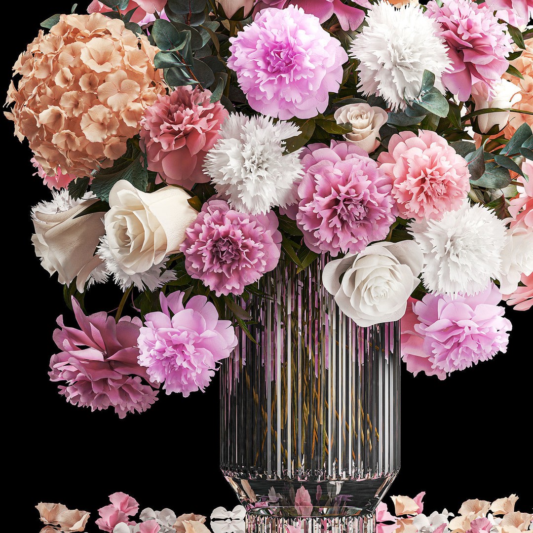 Beautiful Bouquet 3D Model – Modern Glass Vase with Roses and Peonies - View 13
